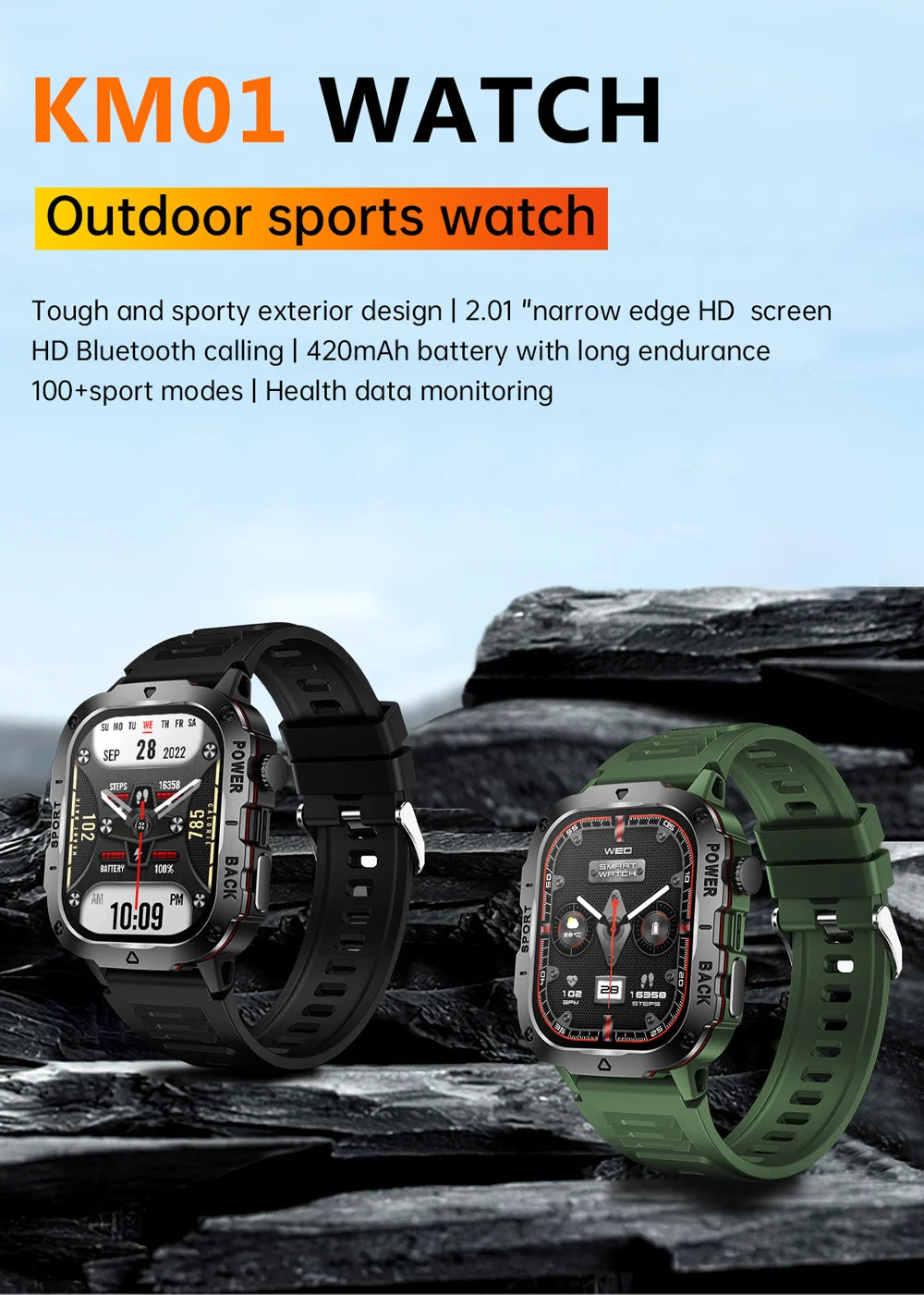 KM01 Smart Watch for Men – Bluetooth Calls, 2.01" TFT Screen, Music & SMS