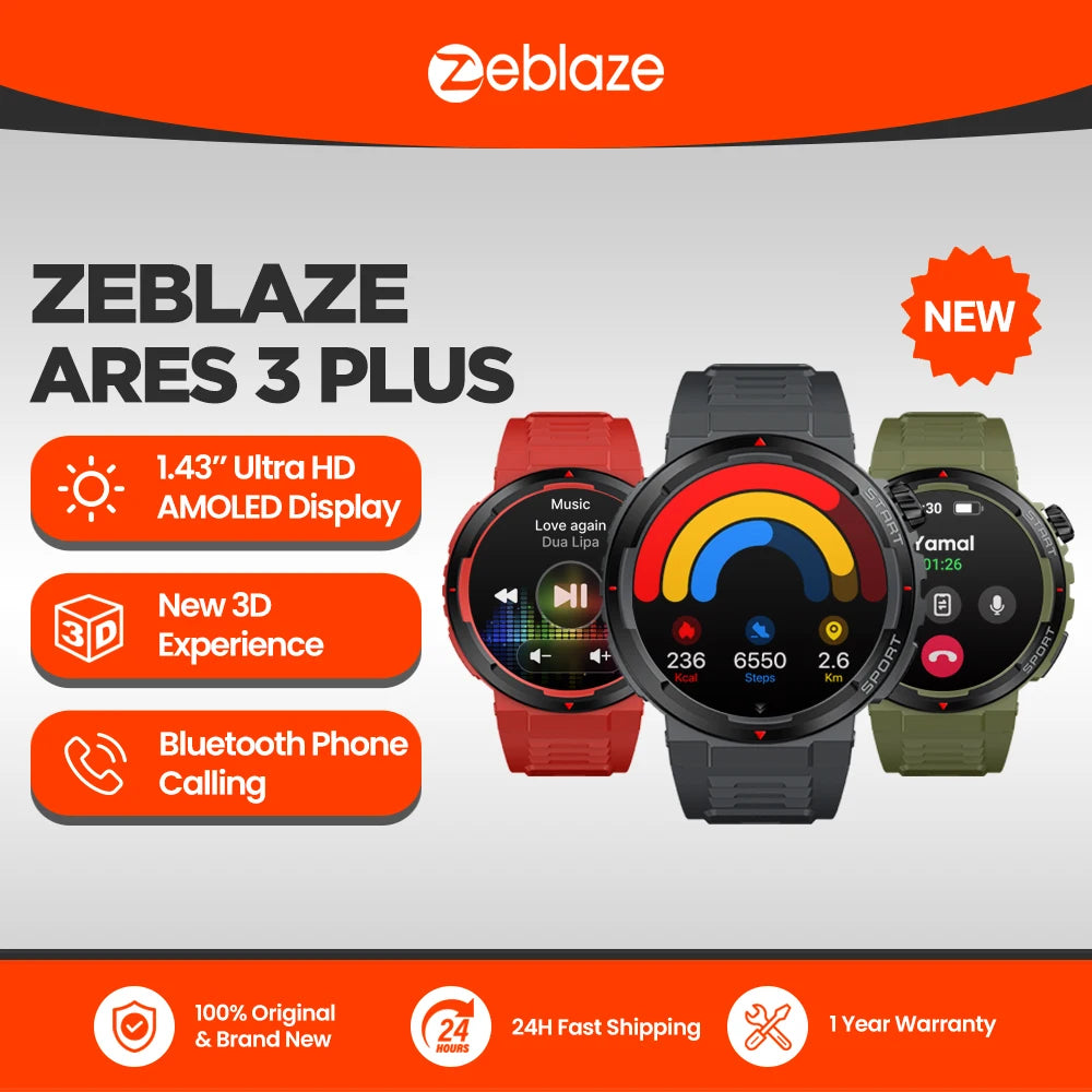 Zeblaze Ares 3 Plus 1.43'' HD AMOLED Voice Calling Smartwatch