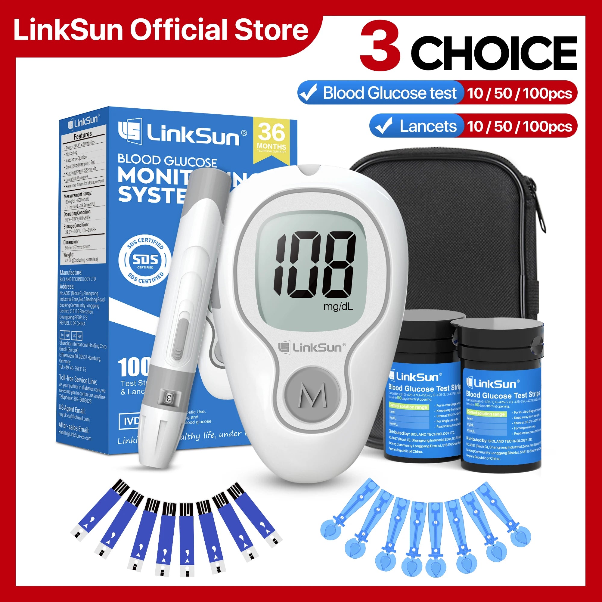 LinkSun Blood Glucose Meter G-425-3 with No-Code Test Strips