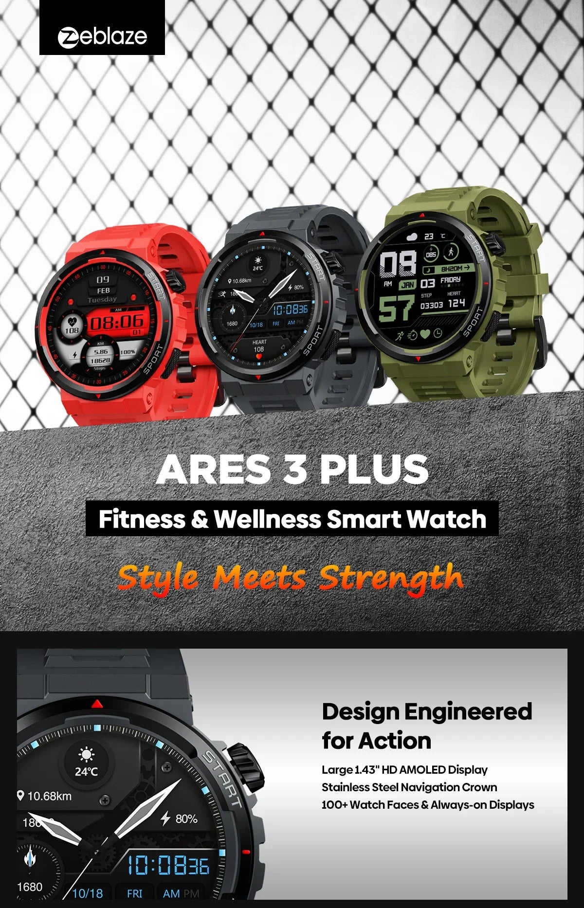 Zeblaze Ares 3 Plus 1.43'' HD AMOLED Voice Calling Smartwatch
